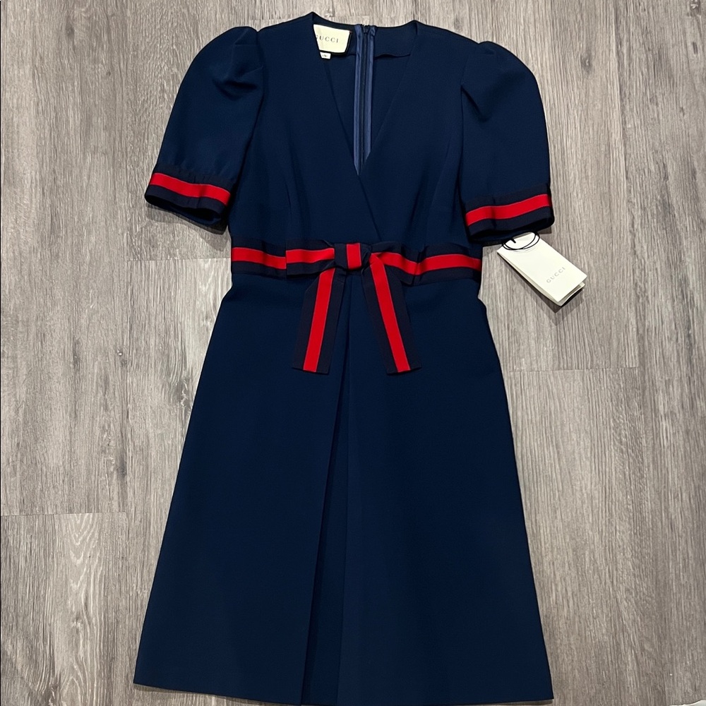 Gucci Dark Blue Midi Dress with Red Stripes